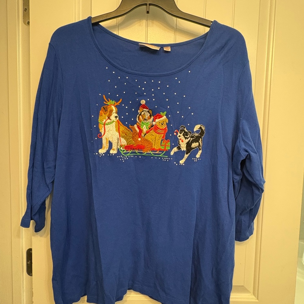 Quacker Factory Blue Long Sleeve Tee with Festive Dog Design
